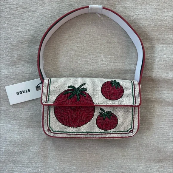 STAUD Tommy Tomato Red and White Beaded Women's Bag NWT - Picture 1 of 9